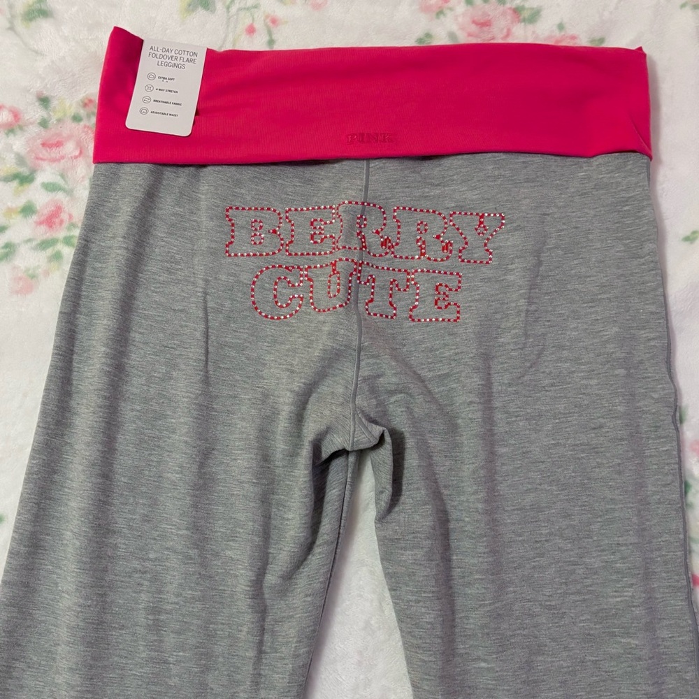 NWT Victoria's Secret PINK Fold-Over Flare Leggings Gray & Hot Pink Medium Bling - Picture 5 of 11